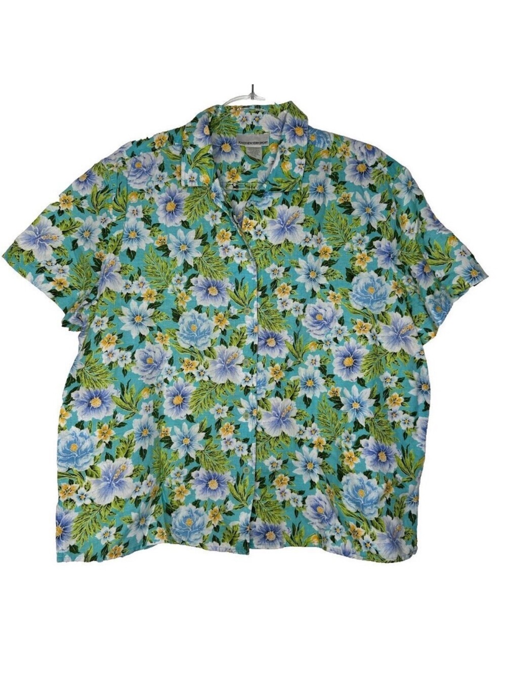 Jones New York Linen Shirt Aqua Blue Floral Hawaiian Large